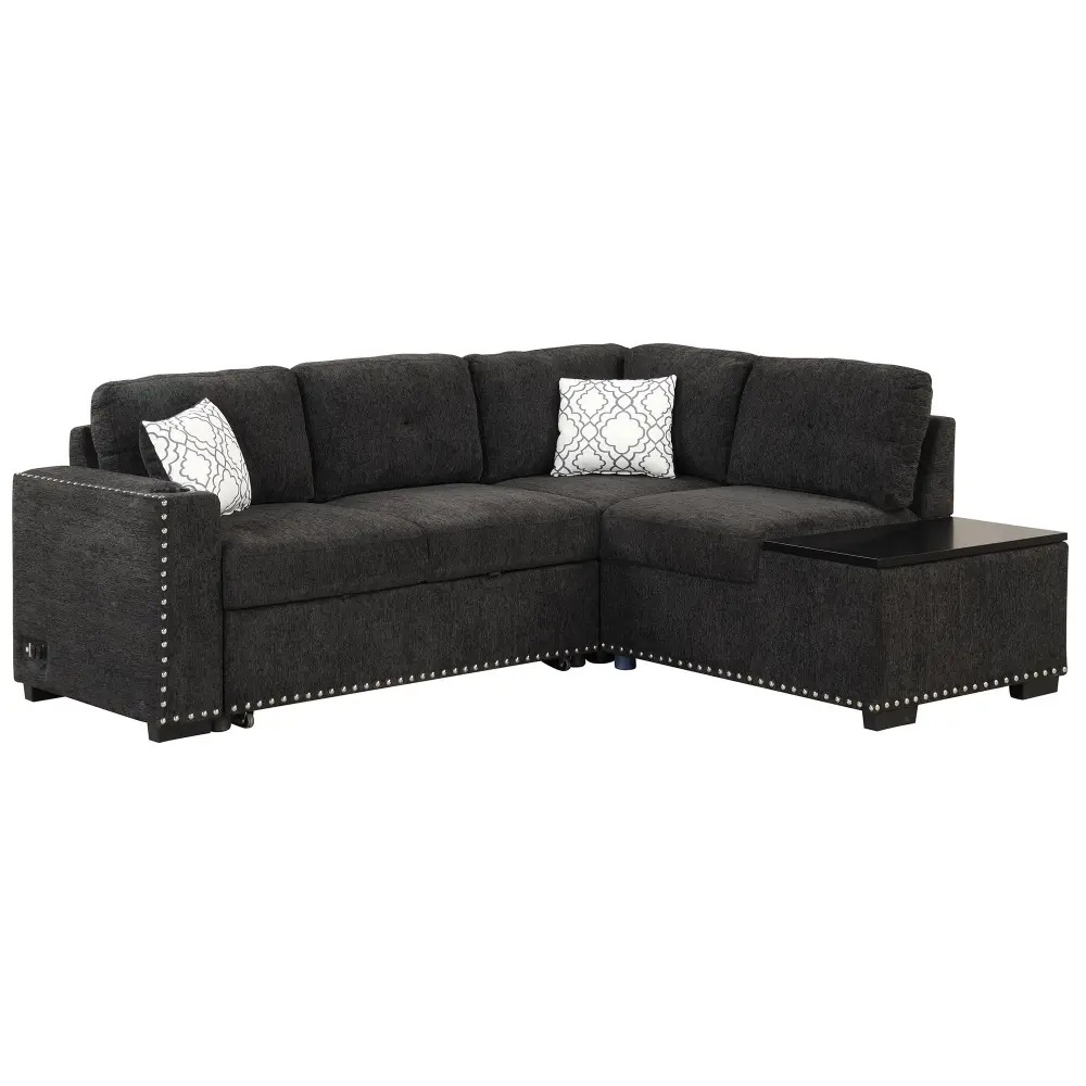 Solid Wood Sectional Pull-Out Sofa Bed L-Shaped Corner Sofa Couch Storage Chaise, USB Ports, Power Sockets, Cup Holder Liv...