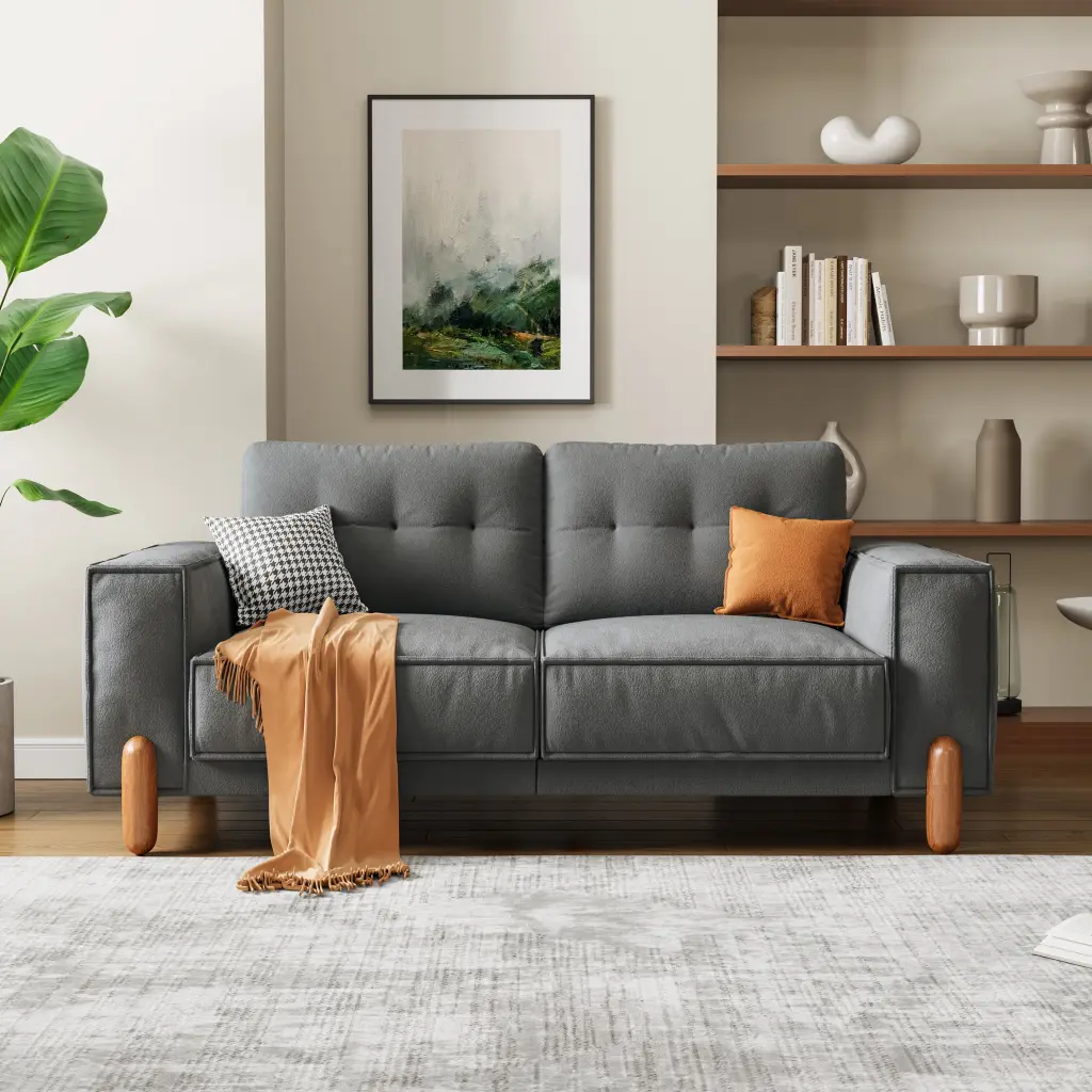 Modern Fabric Upholstered Tufted Couch Wooden Legs Living Room w2656