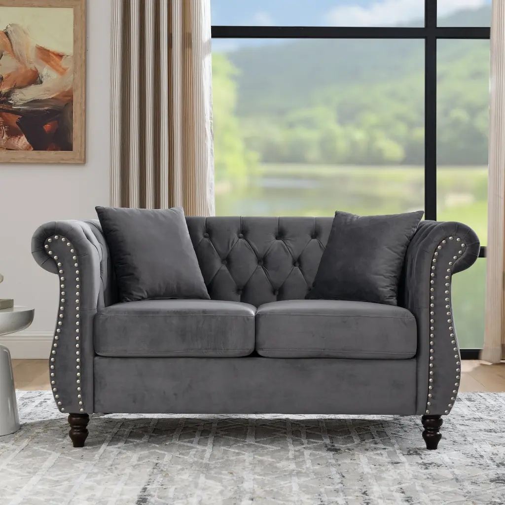 58.8 Inch Chesterfield Sofa Grey Velvet 2 Seater Living Room Couch welike furniture
