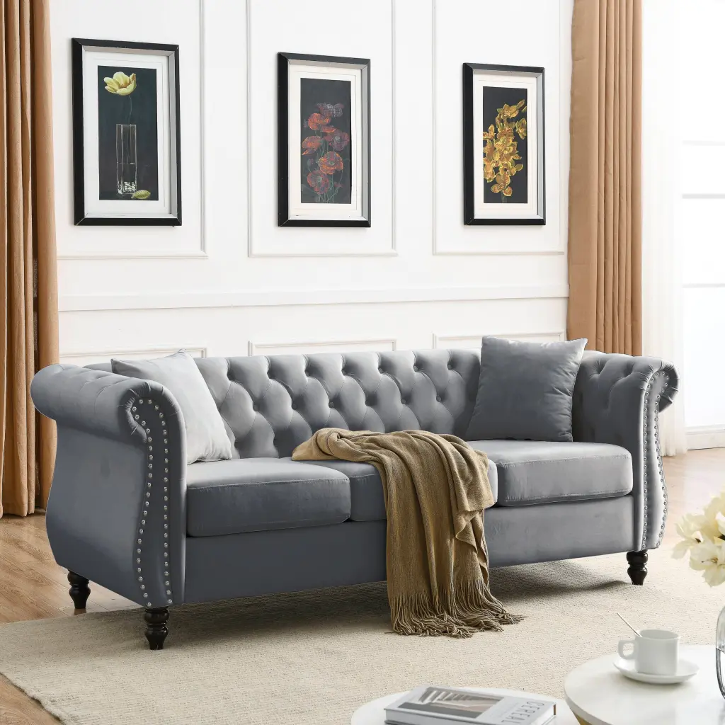80" Chesterfield Sofa Grey Velvet, 3 Seater Living Room Sofa Classic Design welike furniture