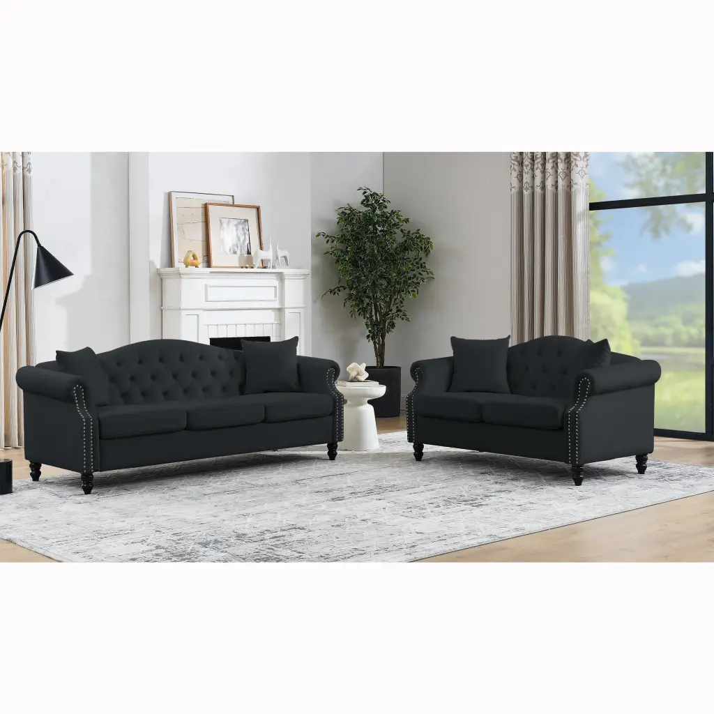 79 Inch Chesterfield Sofa Black Velvet 3 Seater Living Room Classic Furniture welike furniture
