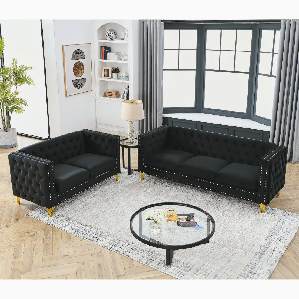3 Seater 2 Seater Combination Sofa Black Velvet Black Foam Velvet Upholstery welike furniture