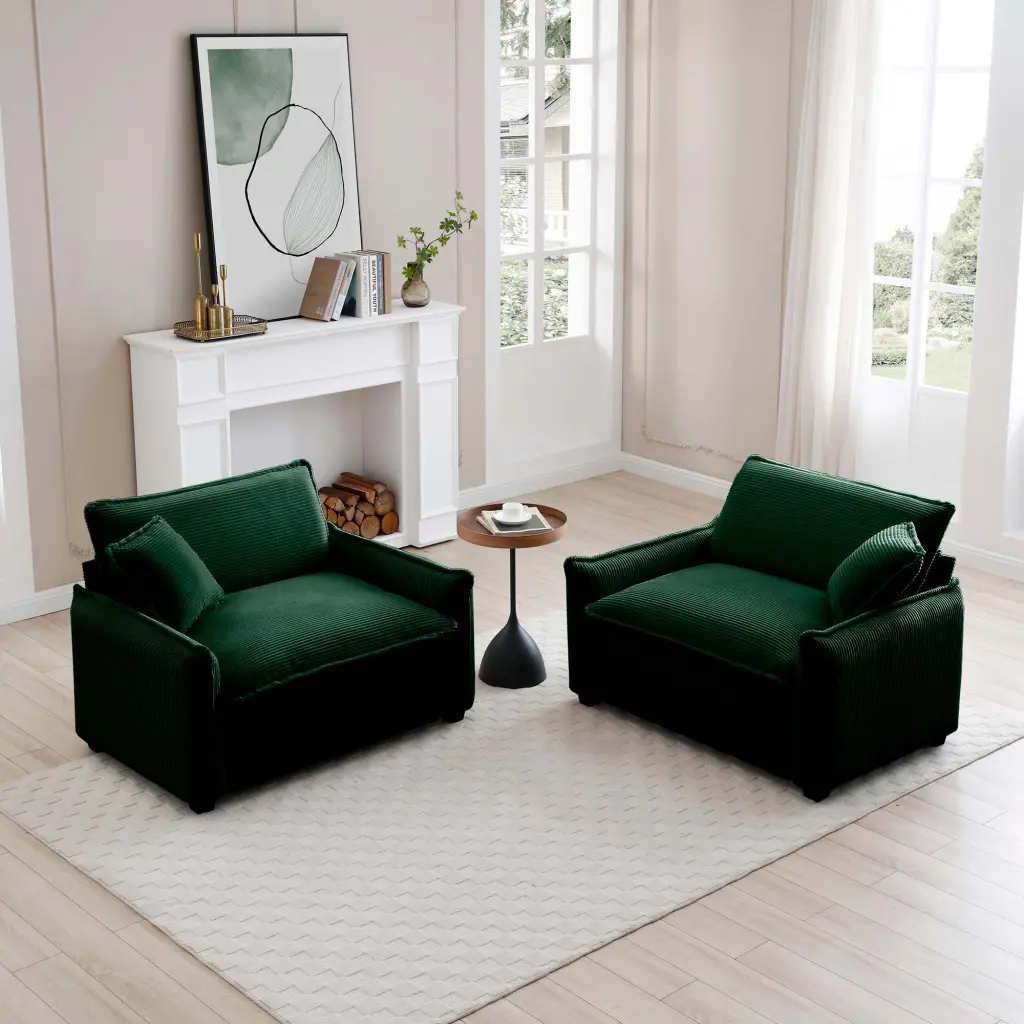 Green Corduroy Luxurious Deep Seated Sofa Set Throw Pillows ui furniture