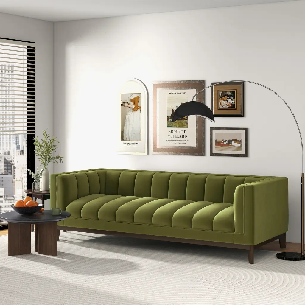 Melissa Mid Century Green Velvet Modern Sofa Dark Green and Brown ashcroft furniture