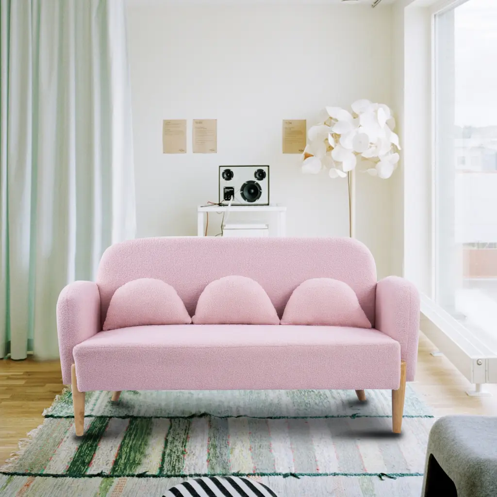 59.1 Inch Teddy Velvet Pink Two Seater Sofa Three Lumbar Pillows fan chen furniture
