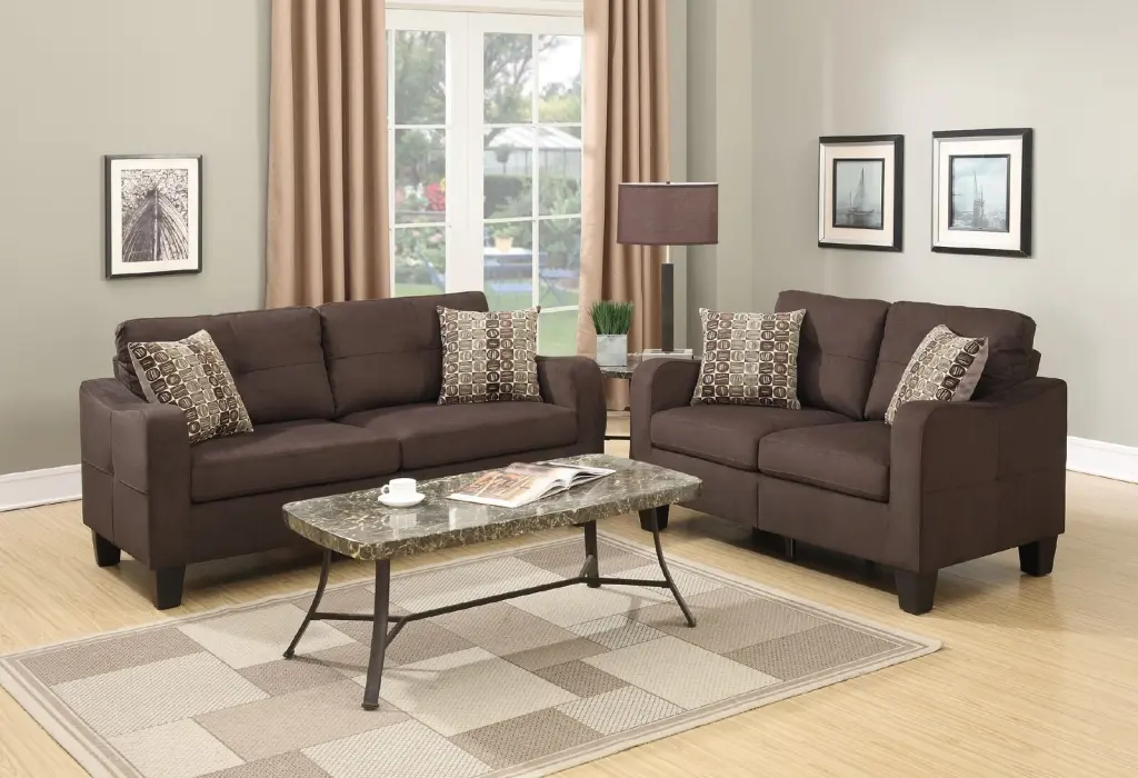 Living Room 2Pc Sofa Set Chocolate Polyfiber Sofa and Loveseat kanepe