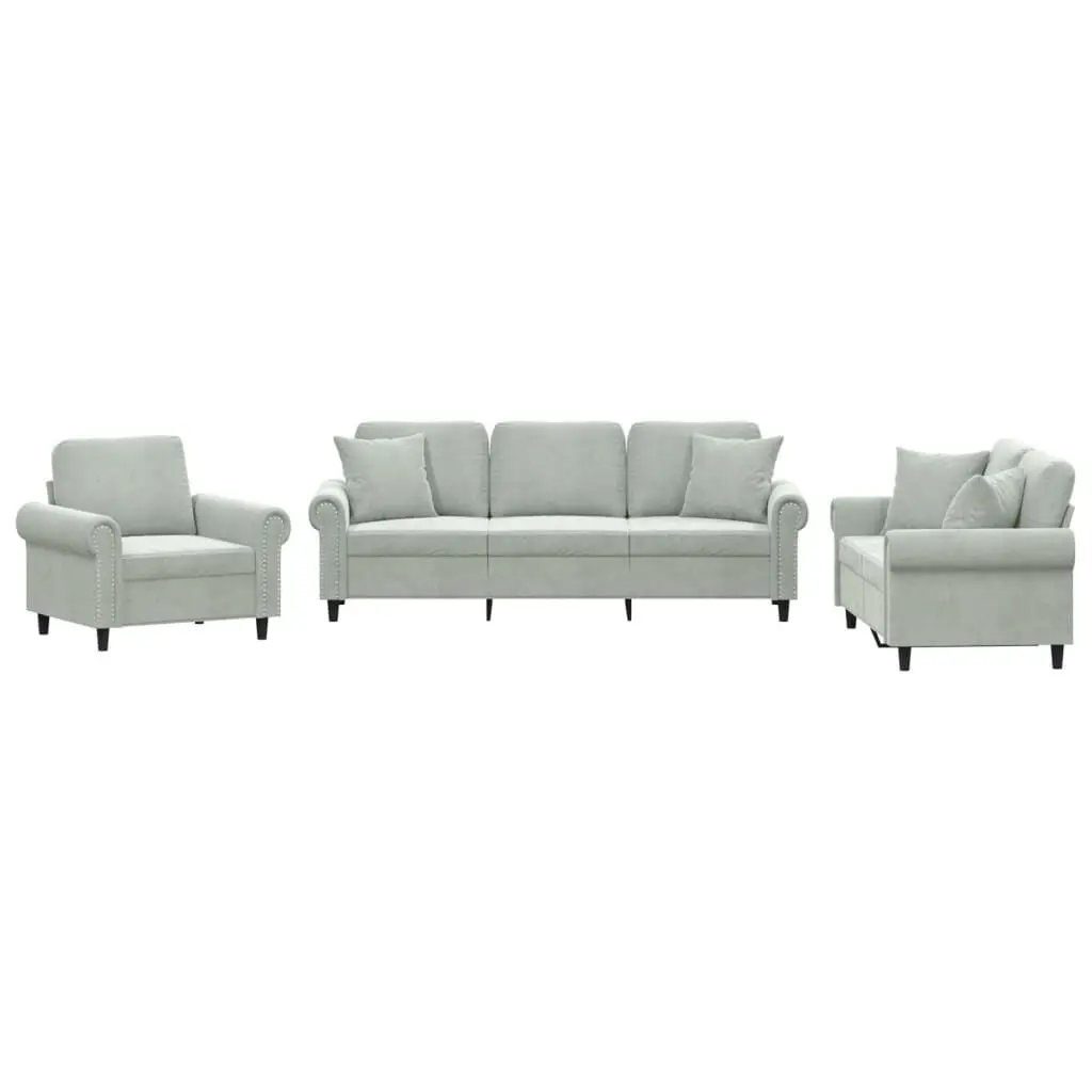 Light Gray Velvet 3 Piece Sofa Set Decorative Pillows
