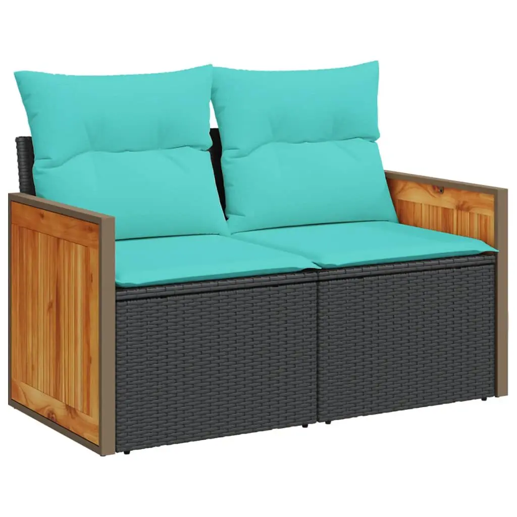 2-Seater Black Poly Rattan Patio Sofa Cushions