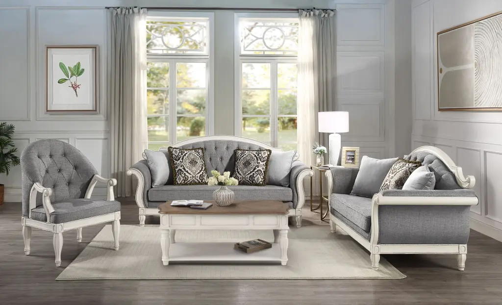 Florian Sofa W 4 Pillows Gray Material & Antique White Finish Lv02119 acme onsite store