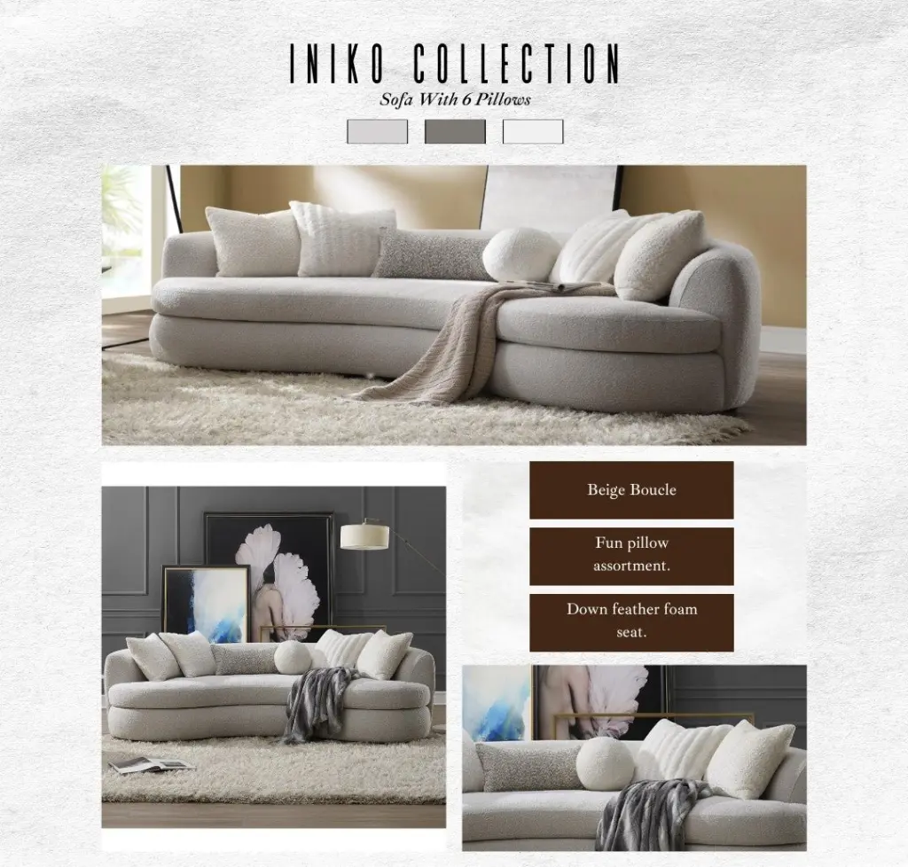 Iniko 3 Seater Sofa 6 Pillows - Beige Boucle Upholstered Living Room Couch acme onsite store