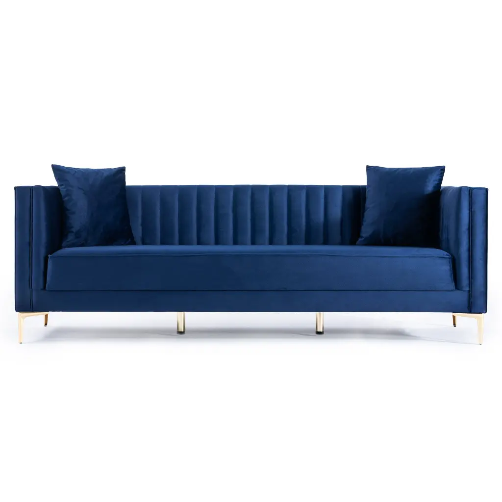 Angelina Sofa 91 Inch Dark Blue Velvet Gold Velvet Metal Legs ashcroft furniture