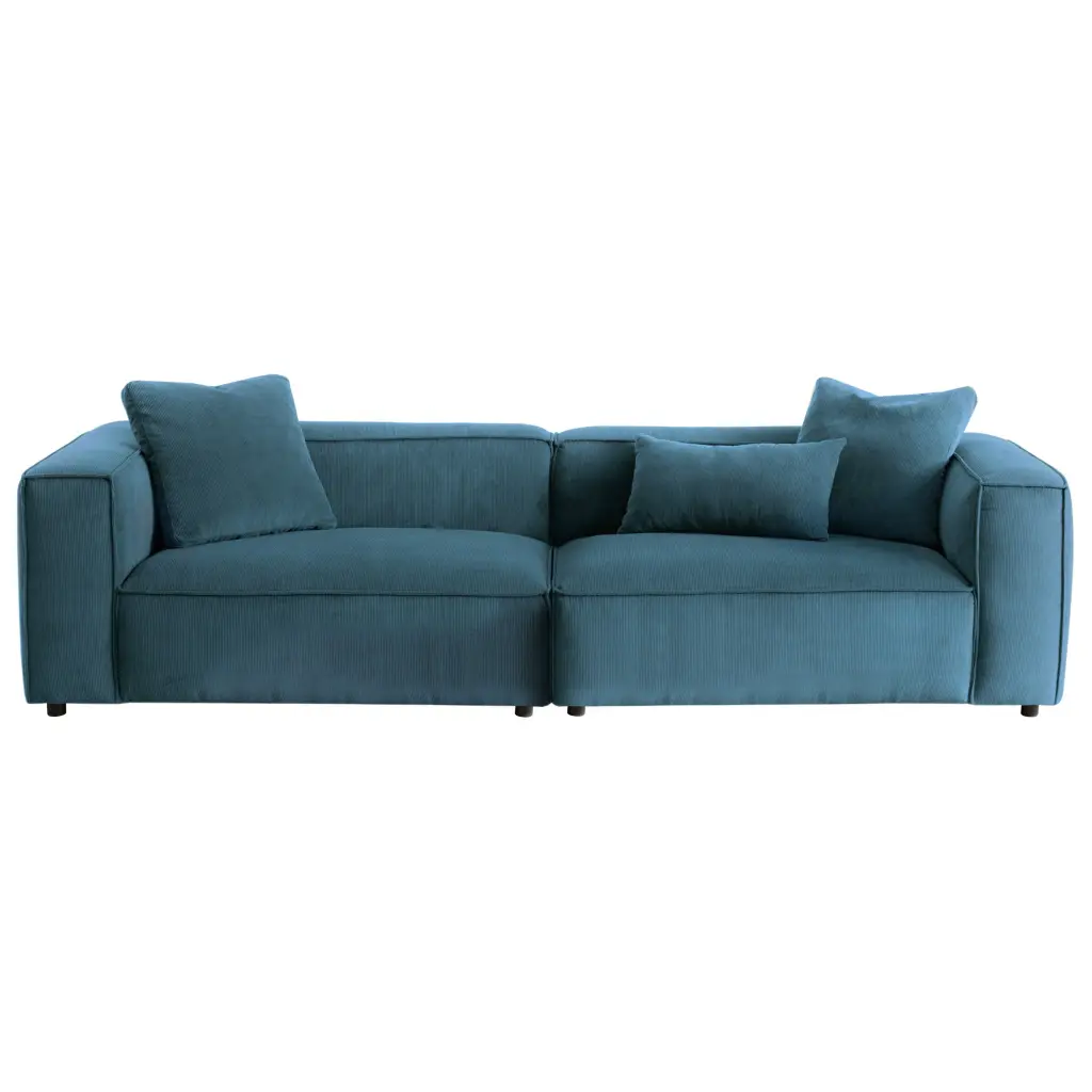 Conner 110 Inch Blue Corduroy Sofa Dusty Blue Brown Wood Frame ashcroft furniture