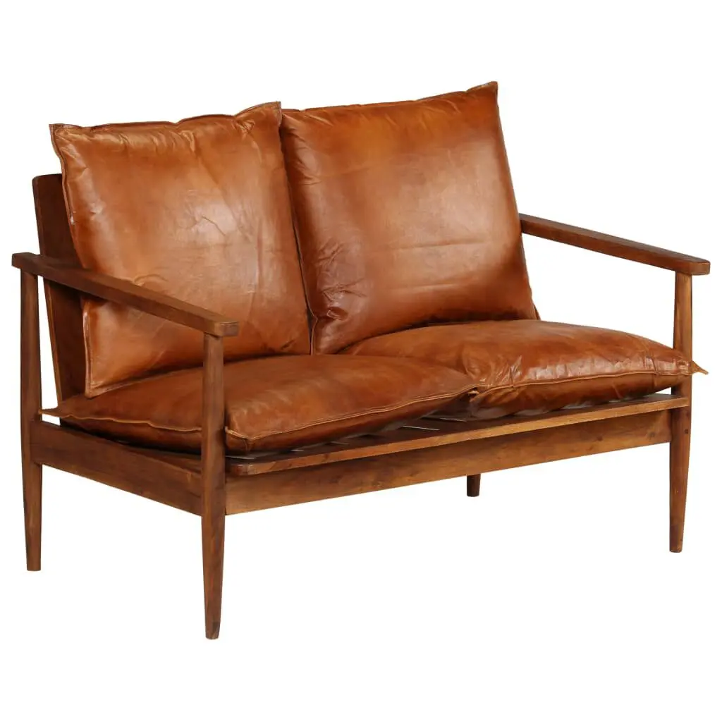 Brown 2-Seater Sofa Real Leather and Acacia Wood Frame