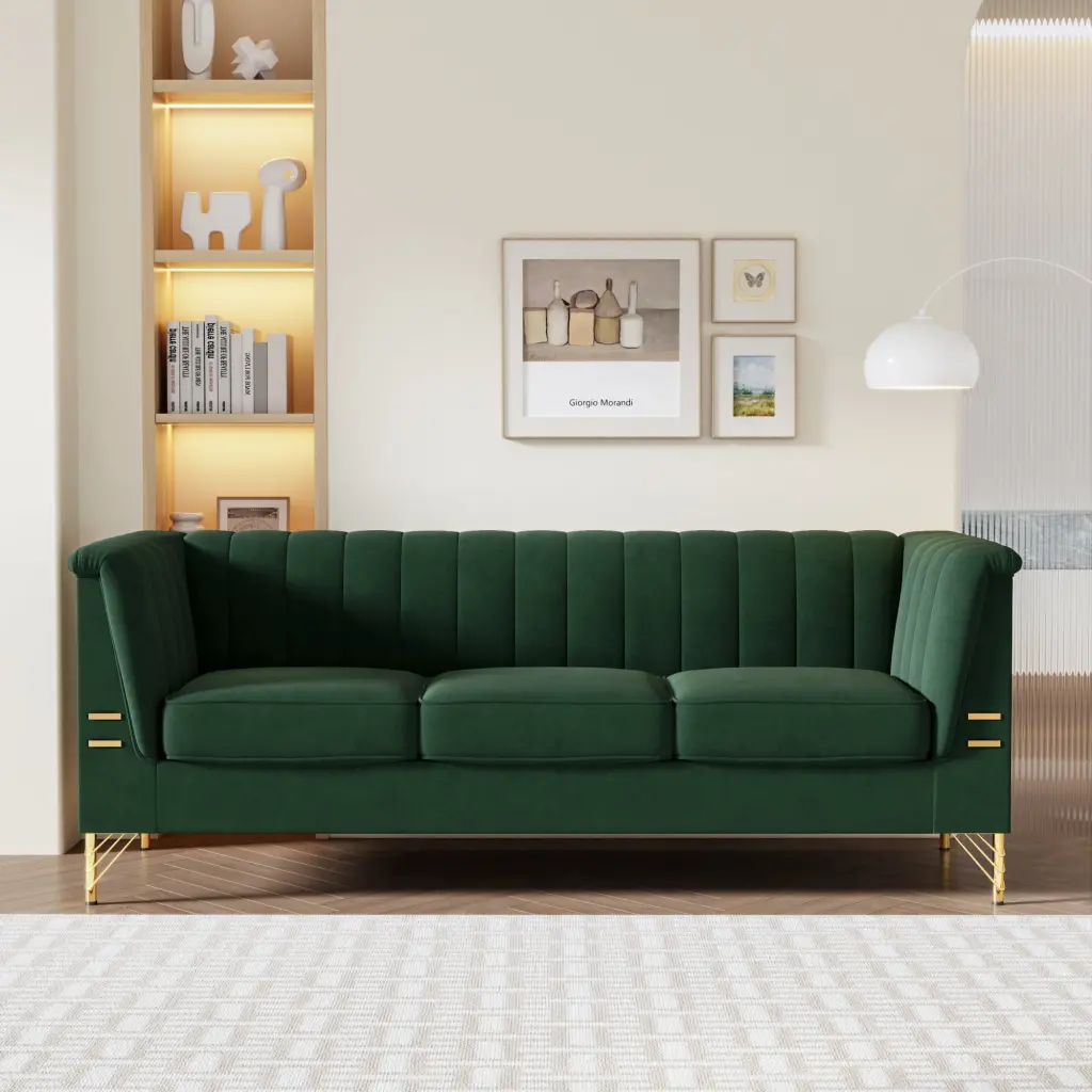 82.67 Inch Velvet Sofa Mid Century Modern Chestnut Brown Living Room Furniture factoryx