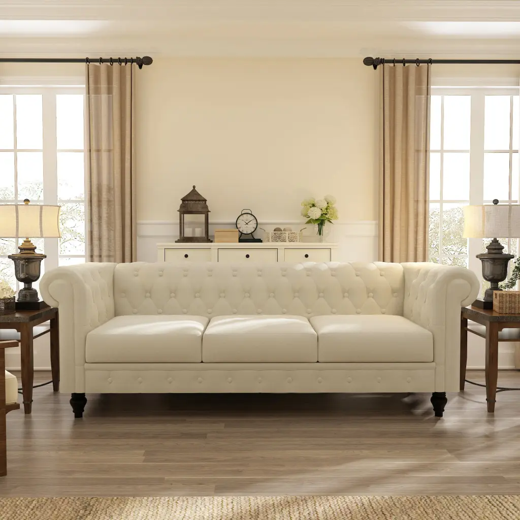 Elegant Beige Chesterfield Sofa 3 Seater Plush Fabric Tufted Back And Nailhead Trim factoryx