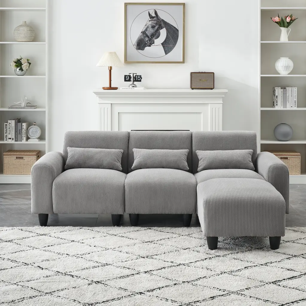 84.60 Inches Long Corduroy Sofa Fabric 4 Matching Toss Pillows fan chen furniture