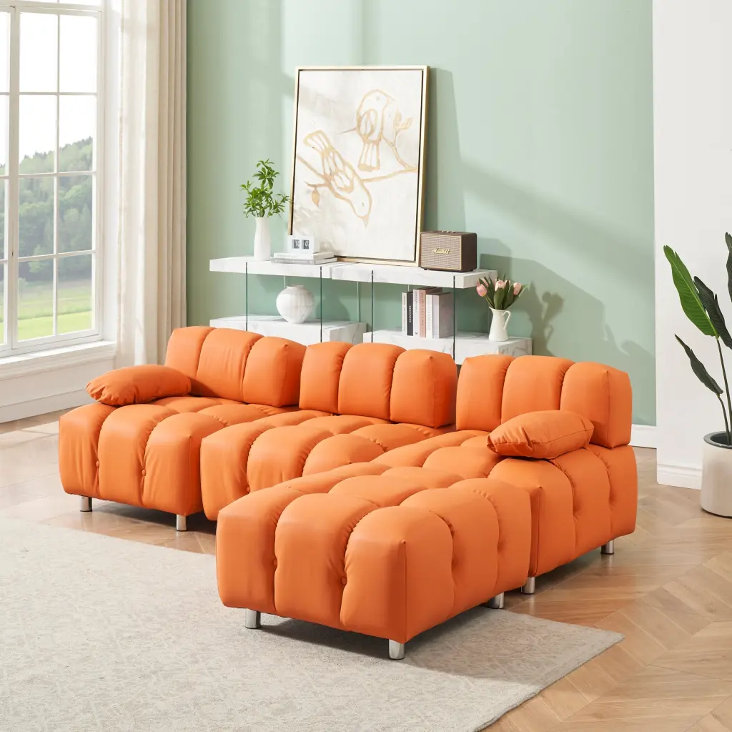 90.60 Inch Technology Cloth Orange Sofa Water-resistant Stain And Cat Scratch Resistant fan chen furniture