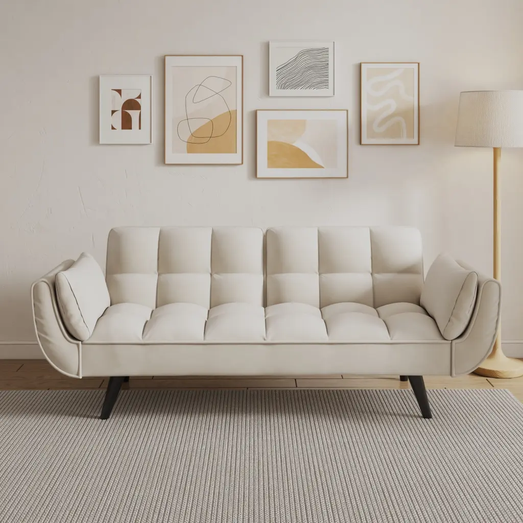 57 Inch Beige Sofa Soft Armrests And Throw Pillows fan chen furniture