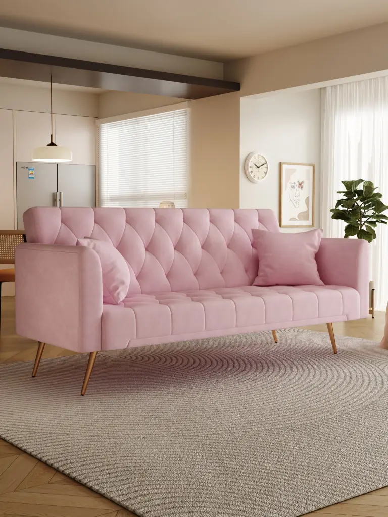 71 Inch Convertible Sofa American Retro Pink Velvet Living Room fan chen furniture