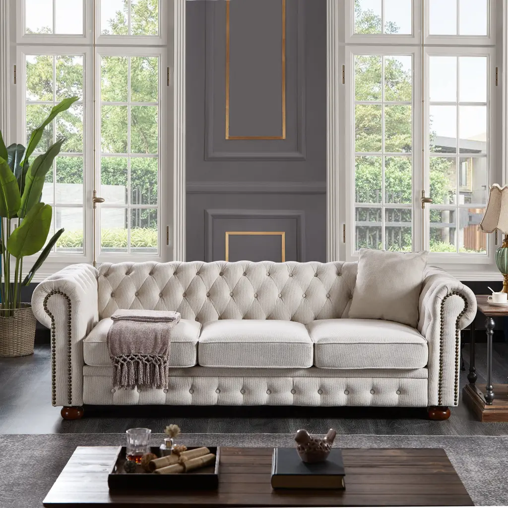 Chesterfield Sofa Beige Linen Material Beige Foam Material hdf store