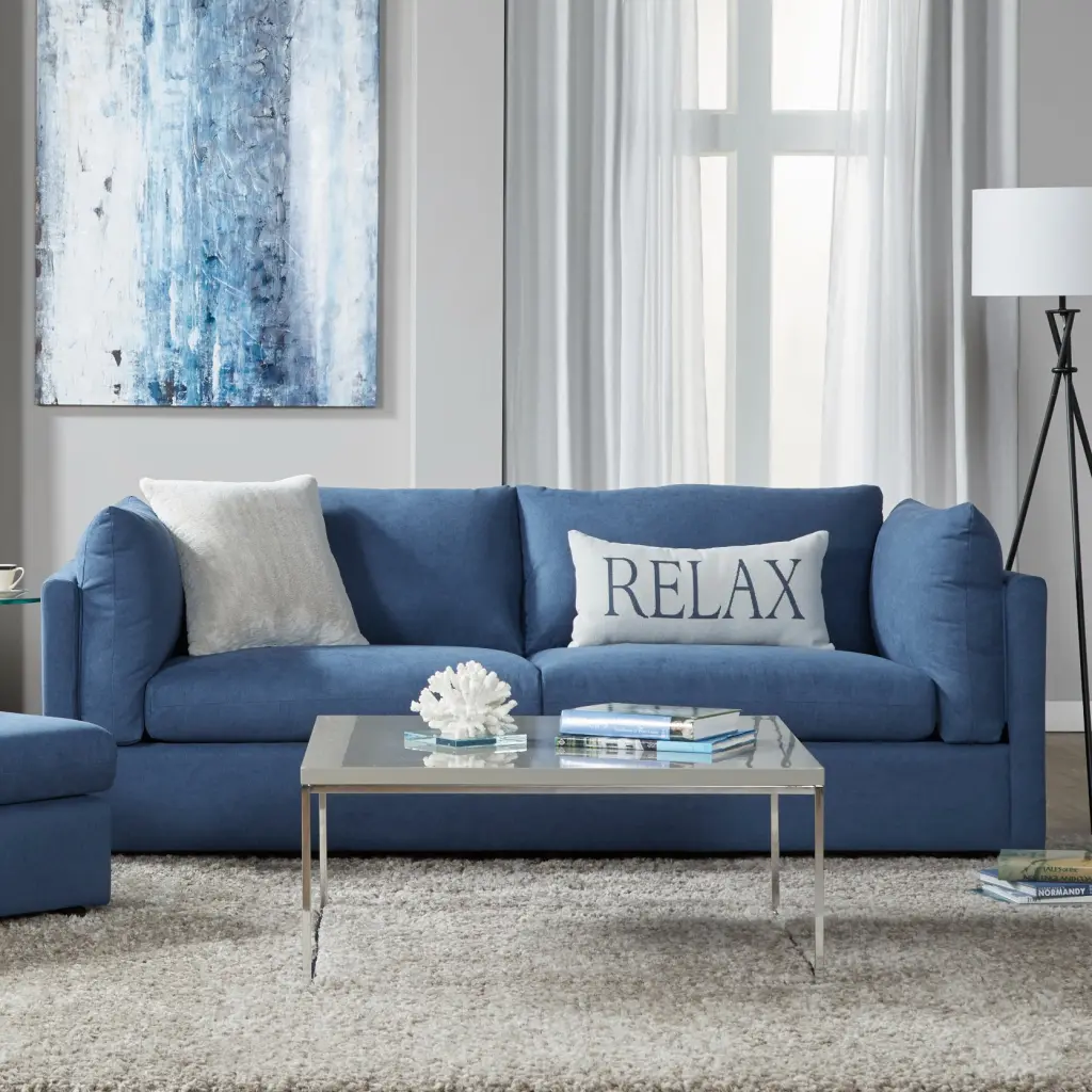 Enda Pillow Back Sofa Navy Blue Espresso Wood Frame hz