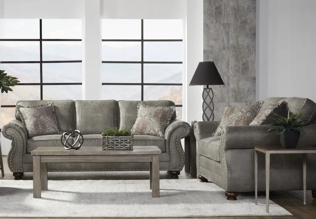 Leinster Faux Hide Upholstered Sofa And Loveseat Set Gray Faux Leather hz