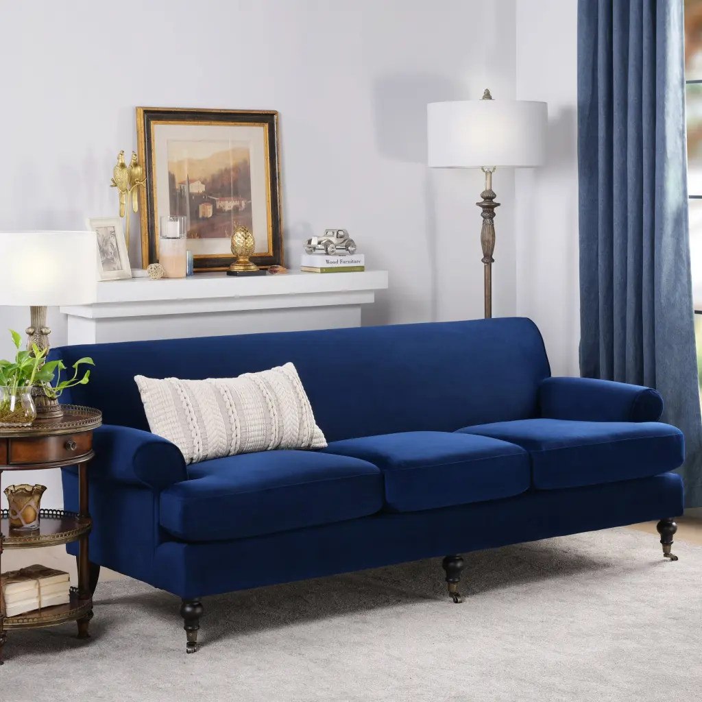 Alana Lawson Three Cushion Sofa Navy Blue Velvet Tightsupport jennifer taylor home