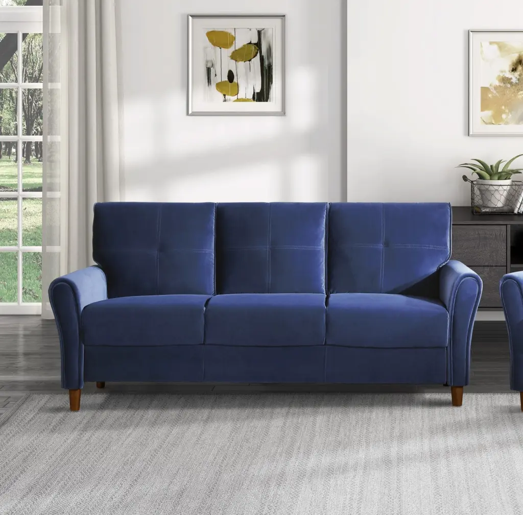 Blue Velvet Upholstery 1Pc Ease Sofa Plush Seat Supports Tufted Design kanepe
