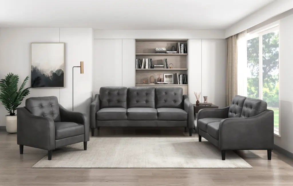 Gray 3Pc Sofa Set Microfiber Upholstered Sofa Loveseat Chair Button Tufted kanepe