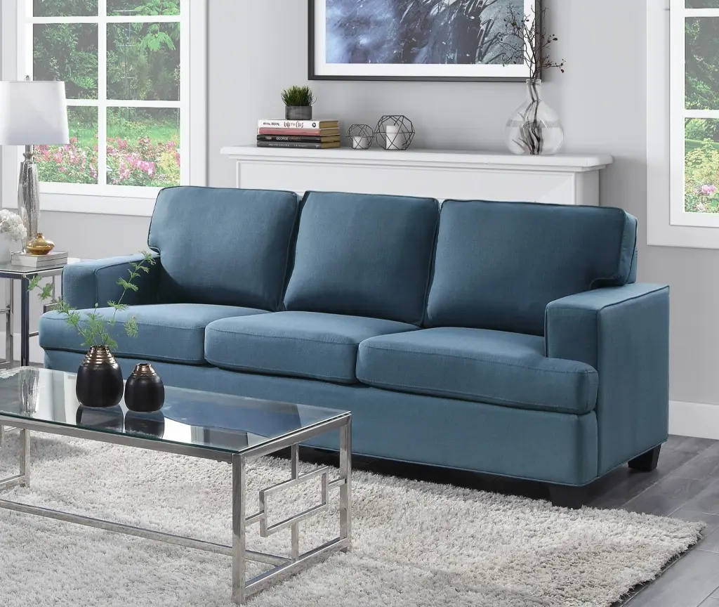Transitional Style Sofa Blue Textured Fabric Upholstered Solid Wood Frame kanepe