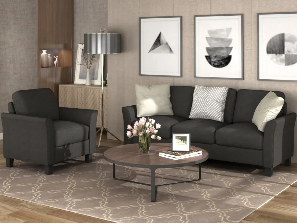 Living Room Home Decor Chair and 3 Seat Sofa Black Fabric lucky furniture