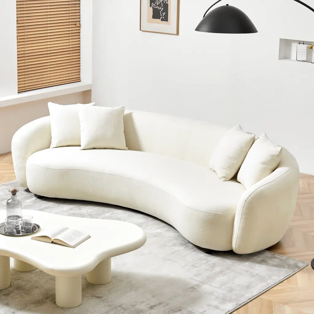 Modern Curved Sofa Mid Century White Comfy Half Moon Teddy Material Couch modasi