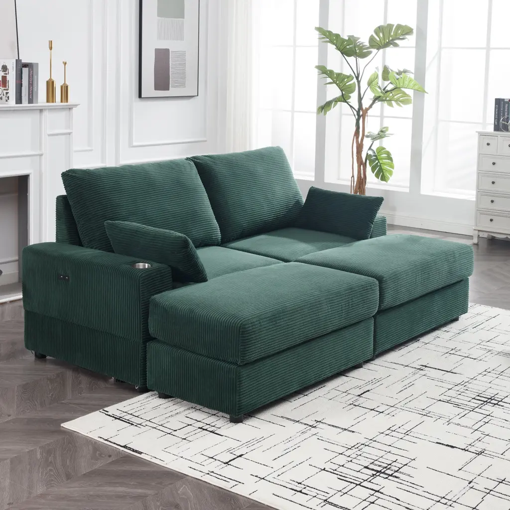 Green 2 Seater Sofa USB Cup Holder And 2 Ottomans Solid Wood Frame nan kun