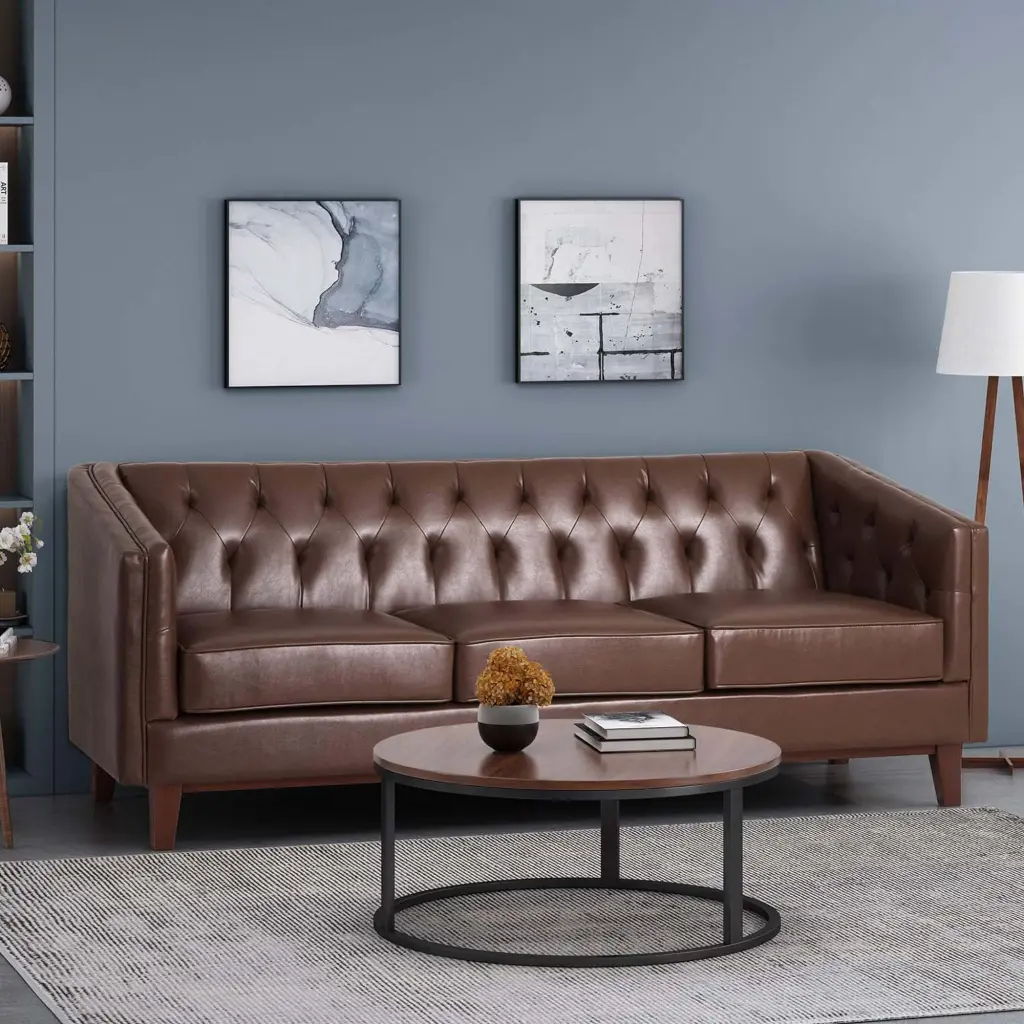 Mirod 81 Inch PU Sofa Tufted Back and Solid Wood Legs Living Room nh-mirod