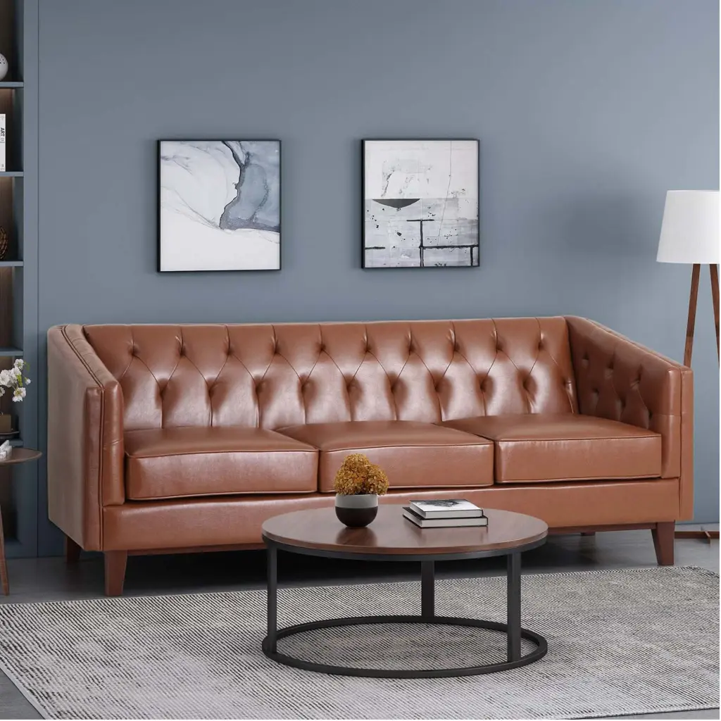 Mirod 81 Inch Pu Sofa Tufted Back and Solid Wood Legs Living Room and Study nh-mirod