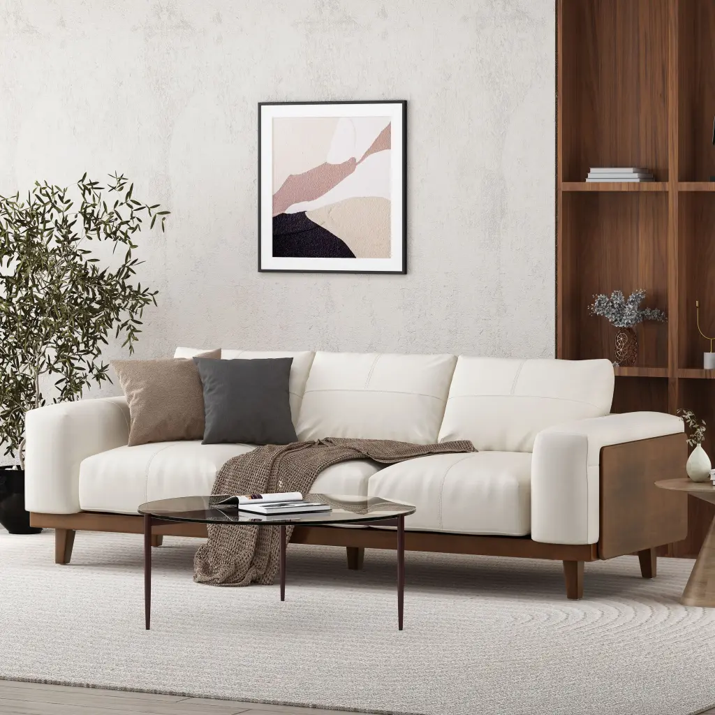 3 Seater Sofa Beige Timber 3 Seat Couch Living Room nh-perfect home