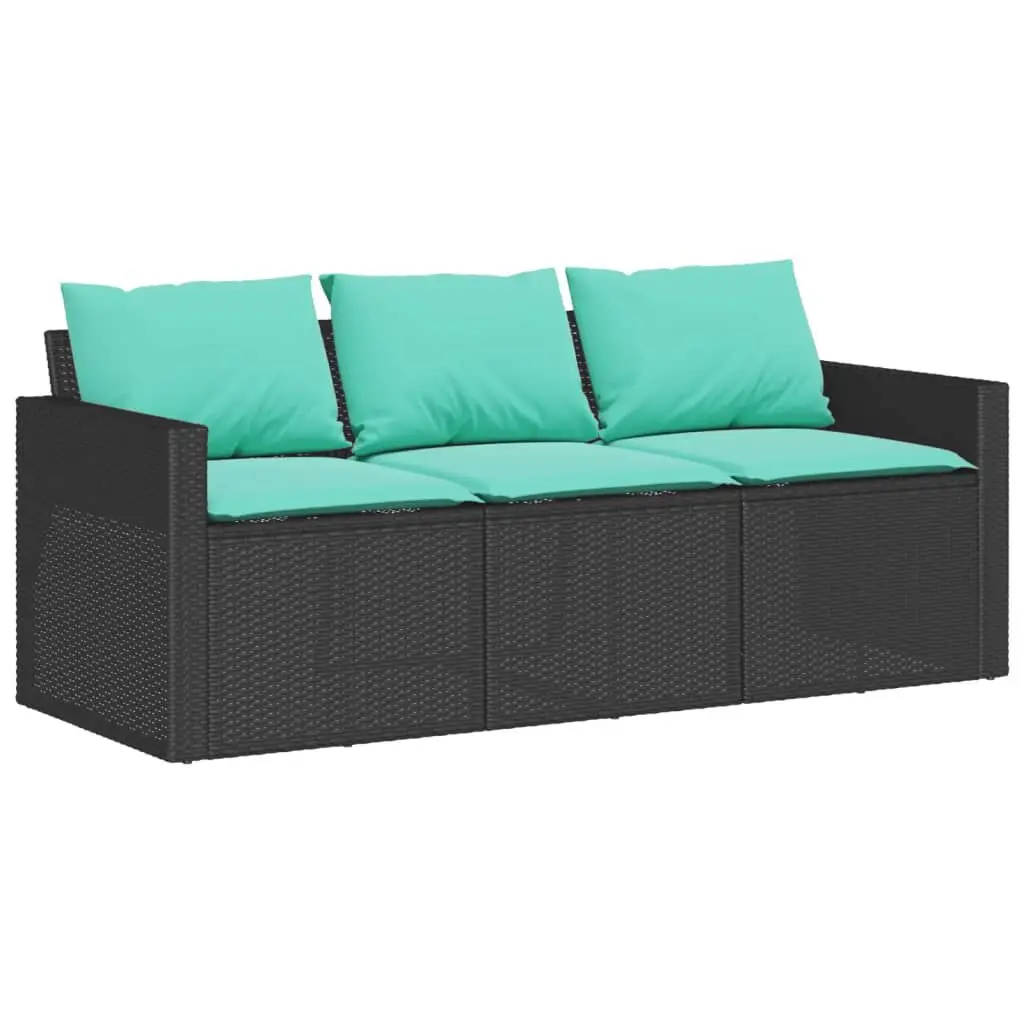 Patio Sofa Cushions 3-Seater Black Poly Rattan Outdoor Furniture Set