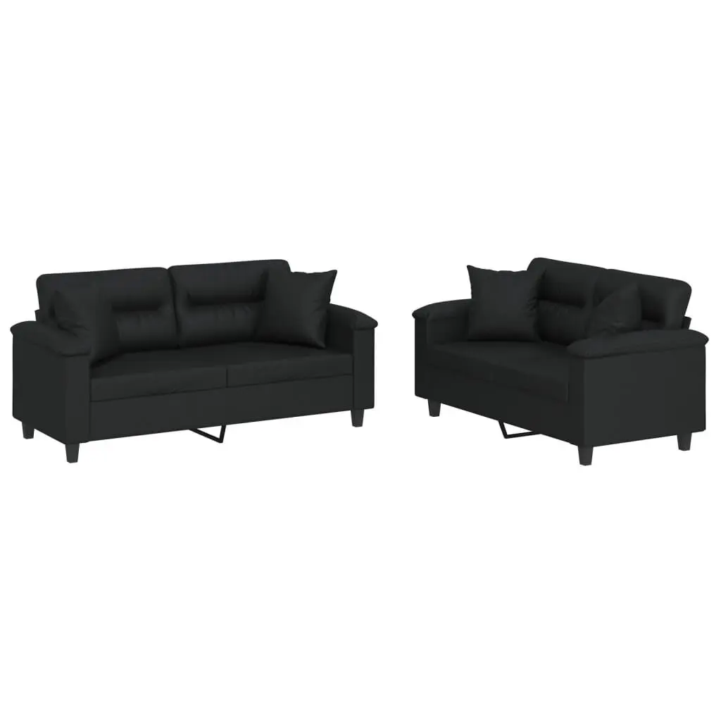 2 Piece Black Faux Leather Sofa Set Pillows Modern Living Room Furniture