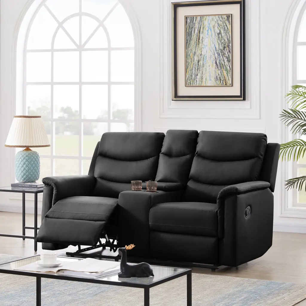 2 Seater Motion Sofa Black PU Modern Reclining Living Room Furniture relax lounge