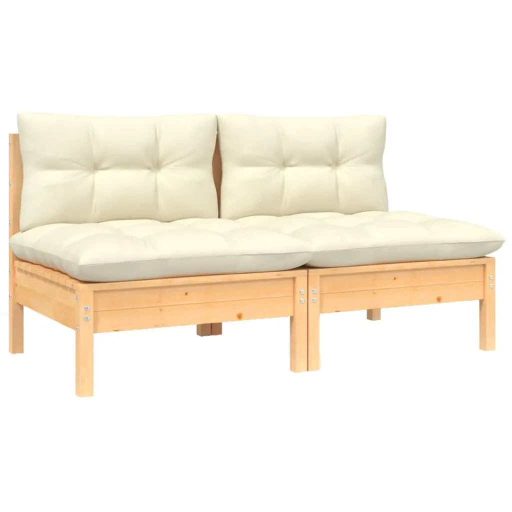 2 Seater Patio Sofa Cream Cushions Solid Pinewood Outdoor Furniture