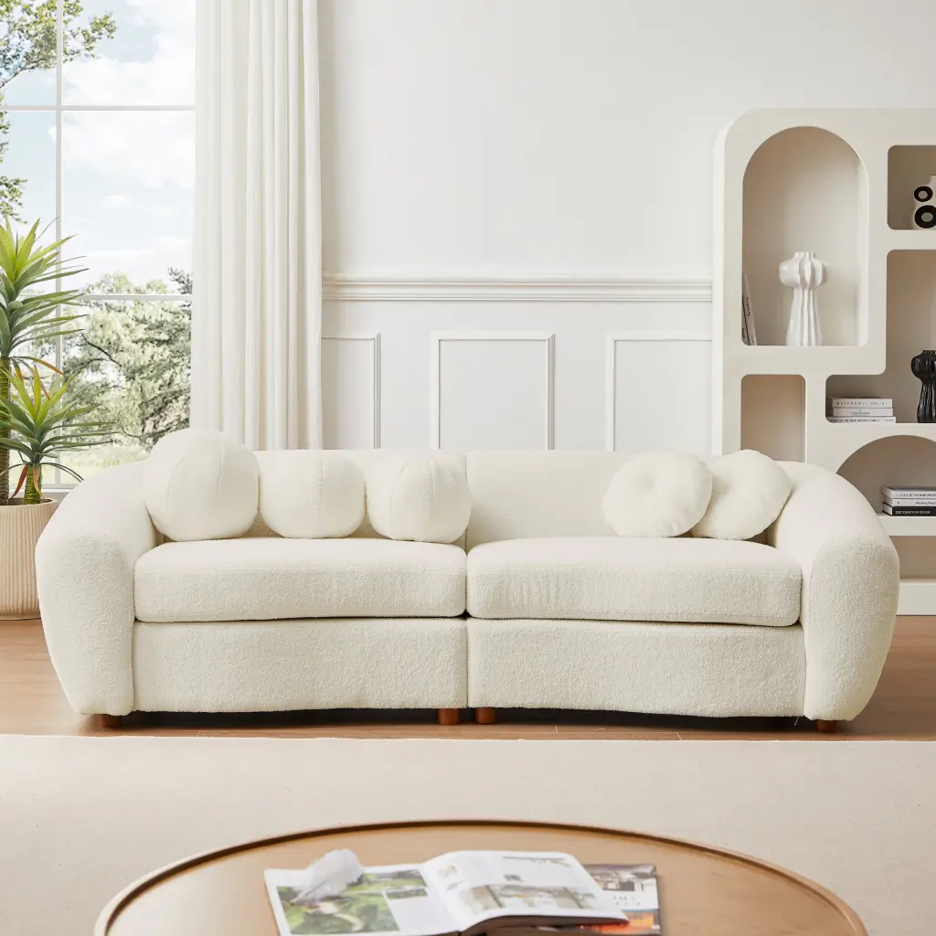 87.7 Inch Modern Curved Sofa Upholstered Couch 5 Decorative Throw Pillows u_style