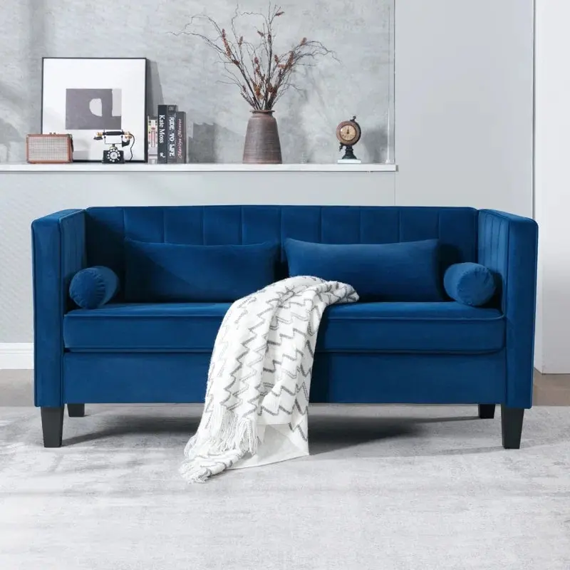 64.96 Inch Modern Sofa Couch 2 Seater Blue Wood Heavy Duty Living Room Furniture vanbow