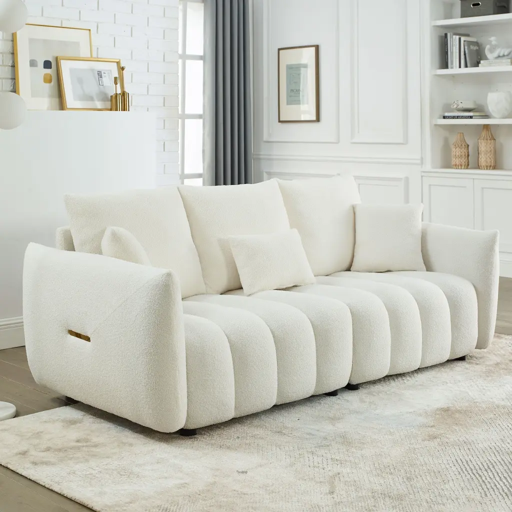 82 Inch Luxury Teddy Fabric Sofa 3 Back Pillows w1193