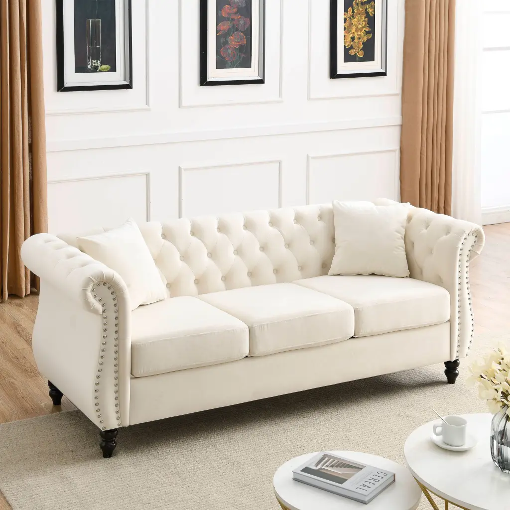 80 Inch Chesterfield Sofa Beige Velvet 3 Seater Living Room welike furniture