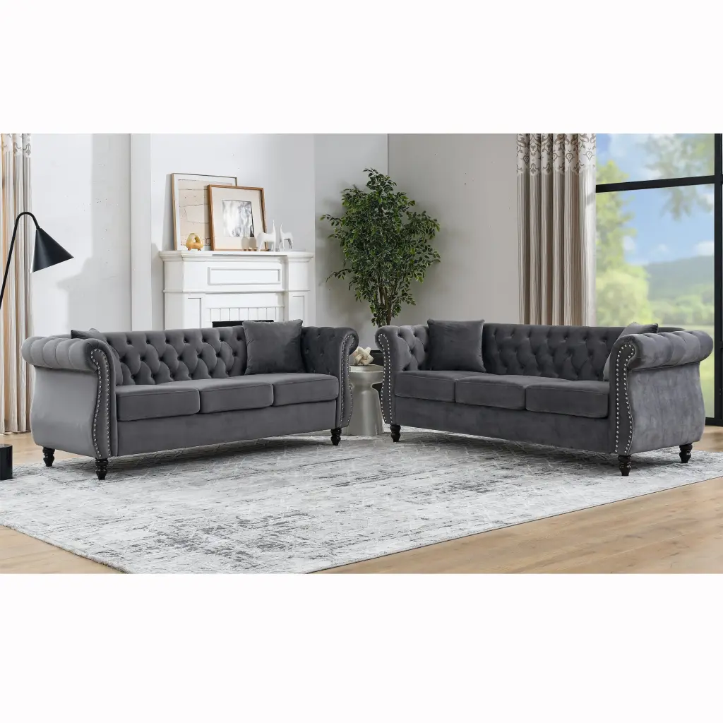 3 Seater Grey Velvet Combination Sofa Modern Living Room Furniture welike furniture