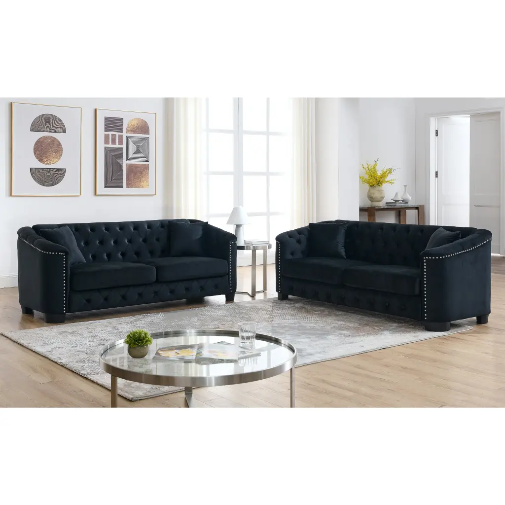3 Seater Velvet Black Sofa Combination Foam Upholstered welike furniture
