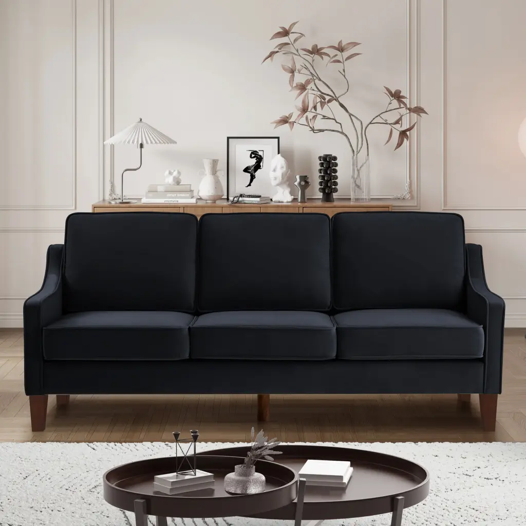 Modern 3 Person Seat Sofa Couch Scooped Armrest and Wood Legs wm home furniture