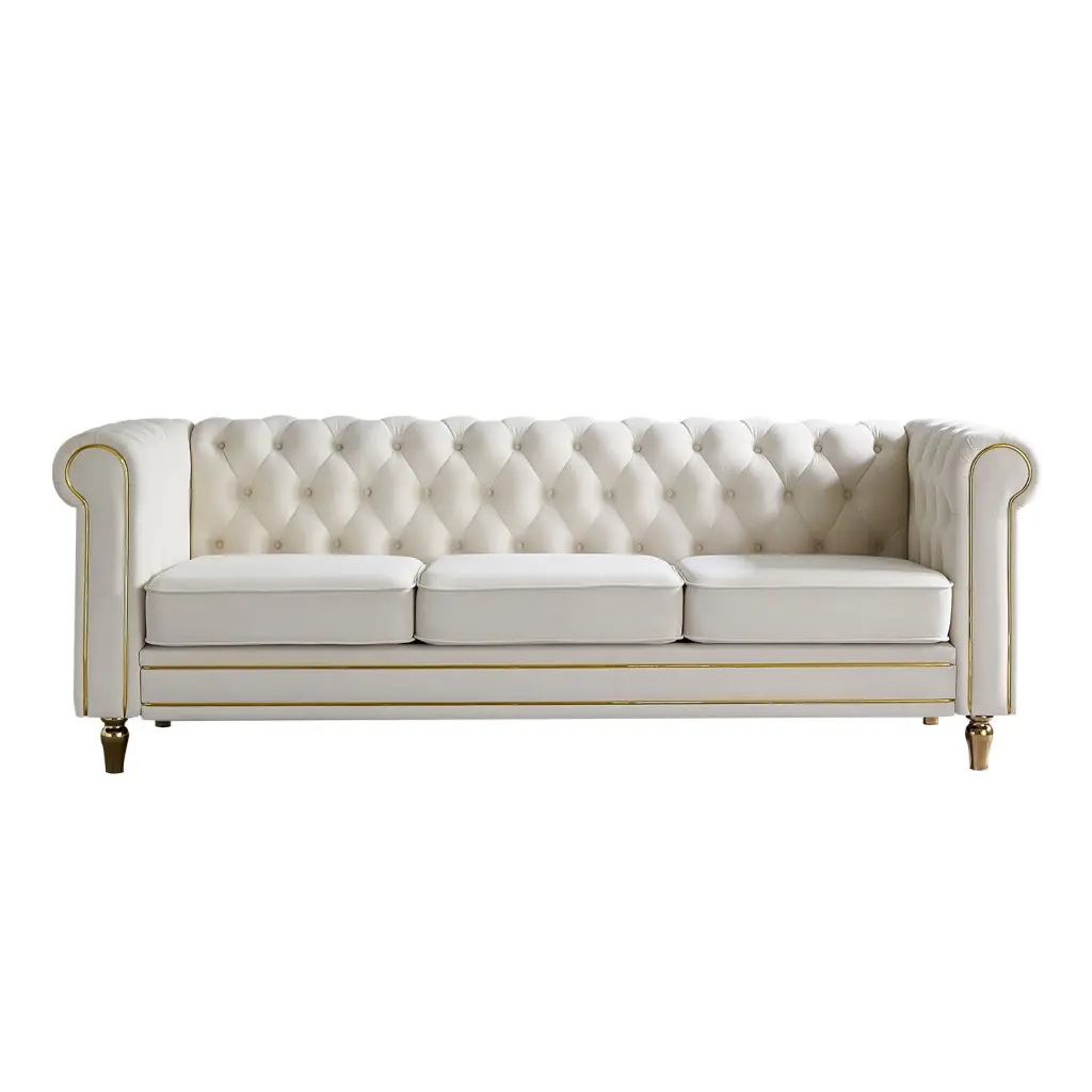 Chesterfield Velvet Sofa 84.65 Inch Living Room Beige Hue wq furniture
