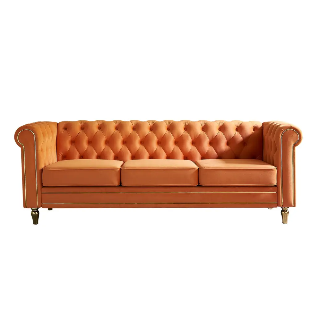 Chesterfield Velvet Sofa 84.65 Inch Living Room Orange Color wq furniture