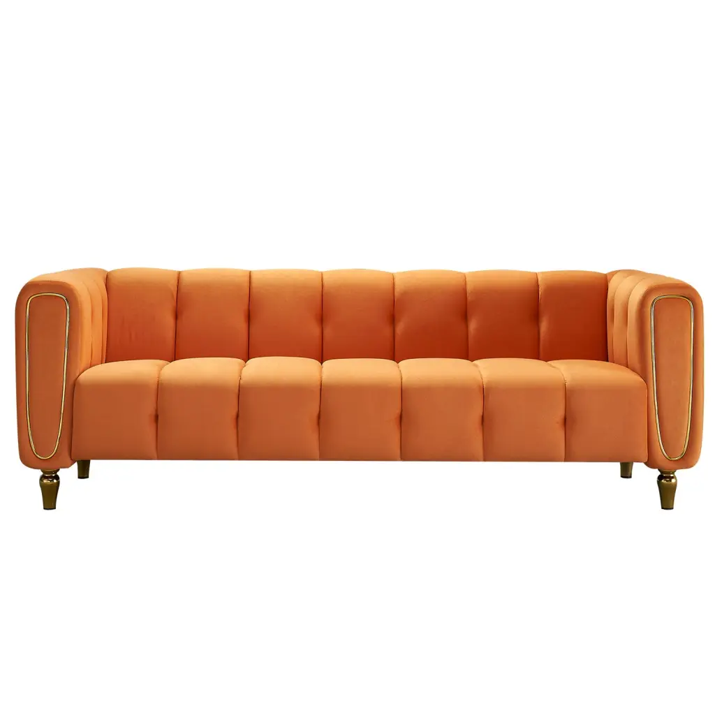Modern Velvet Sofa 83.07 Inch Orange Hue Living Room wq furniture